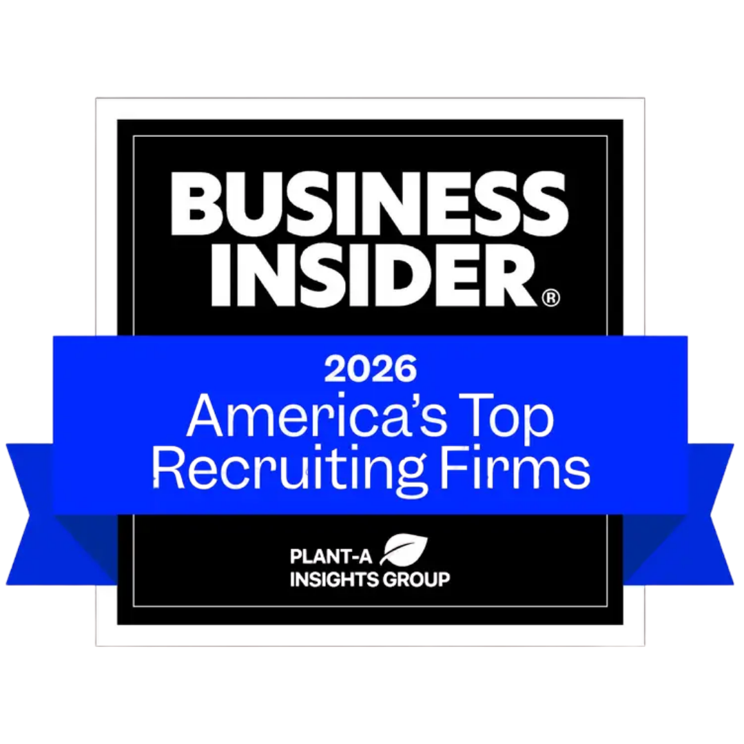 Business Insider badge recognizing “2026 America’s Top Recruiting Firms,” featuring bold white Business Insider text on a black background with a bright blue ribbon banner across the center and Talent Nest Group branding at the bottom.