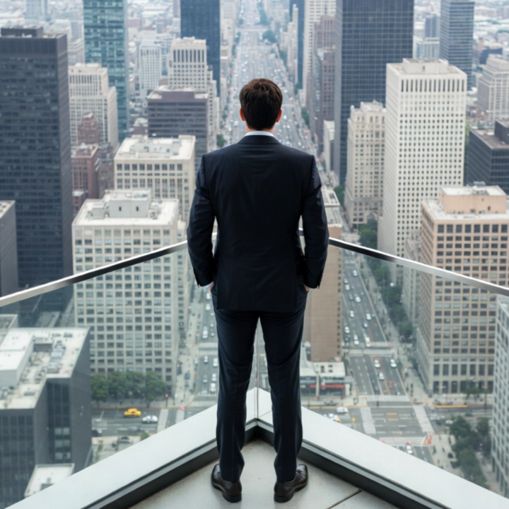 Business professional standing on a high-rise balcony overlooking a city skyline