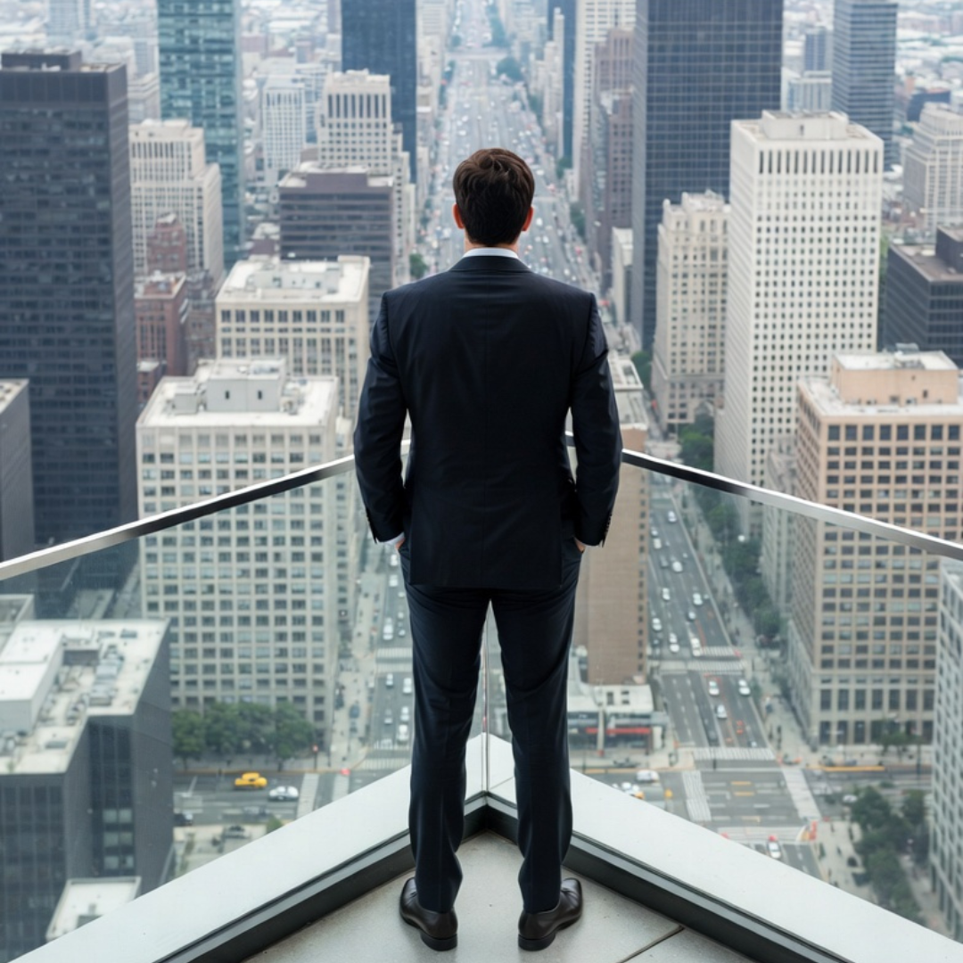 Business professional standing on a high-rise balcony overlooking a city skyline