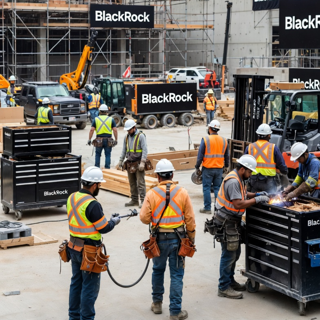 Construction workers in safety vests and hard hats working at a large building site with multiple BlackRock signs visible around the project.