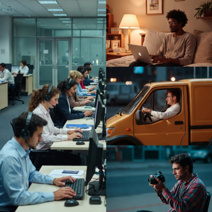 Collage showing workers in different jobs, including a call center team, a remote worker on a laptop at home, a delivery driver, and a photographer