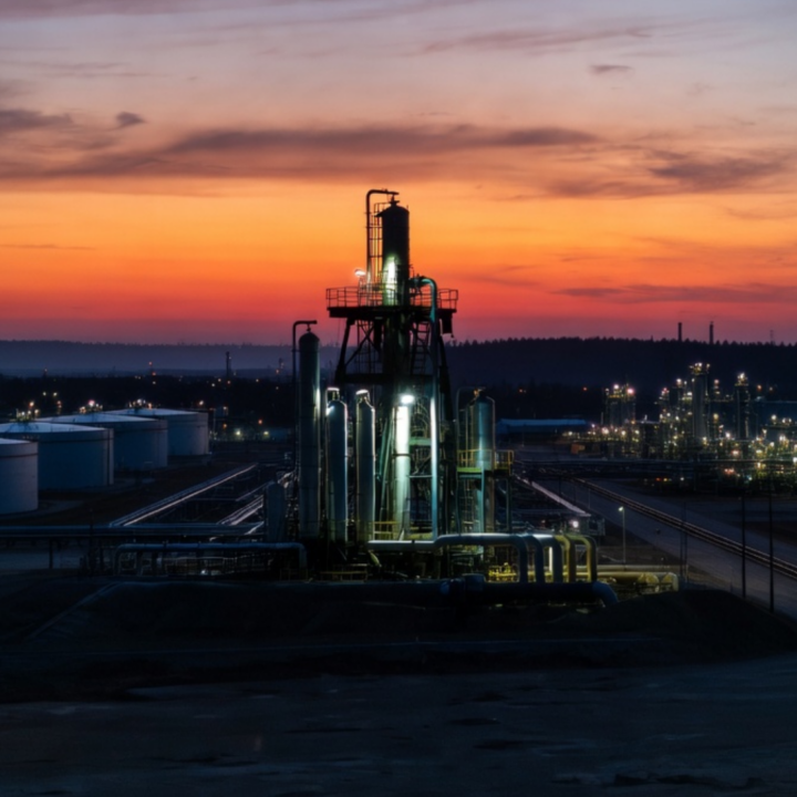 Industrial oil refinery at sunset with illuminated towers and pipelines
