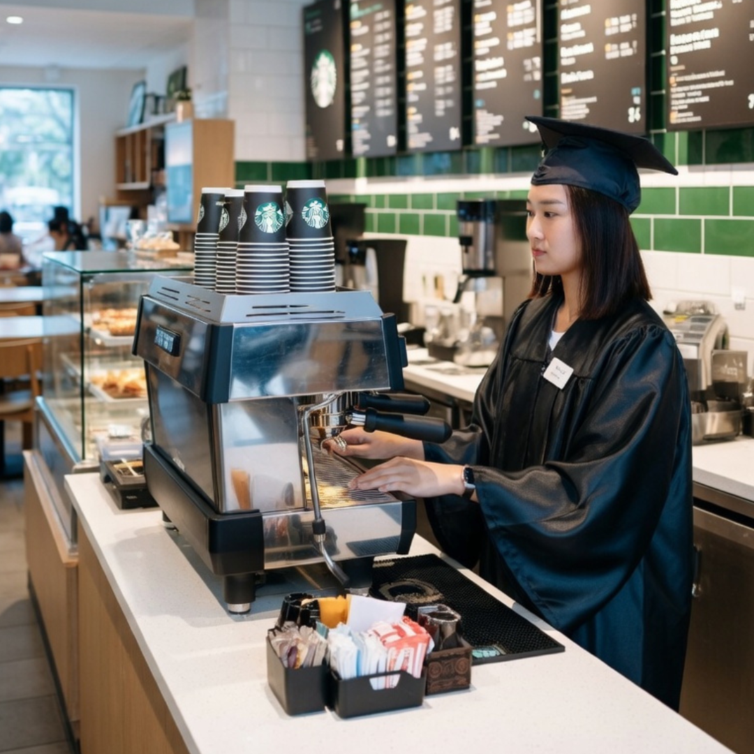College graduate wearing a cap and gown working behind a café counter making coffee with an espresso machine, symbolizing underemployment after graduation.