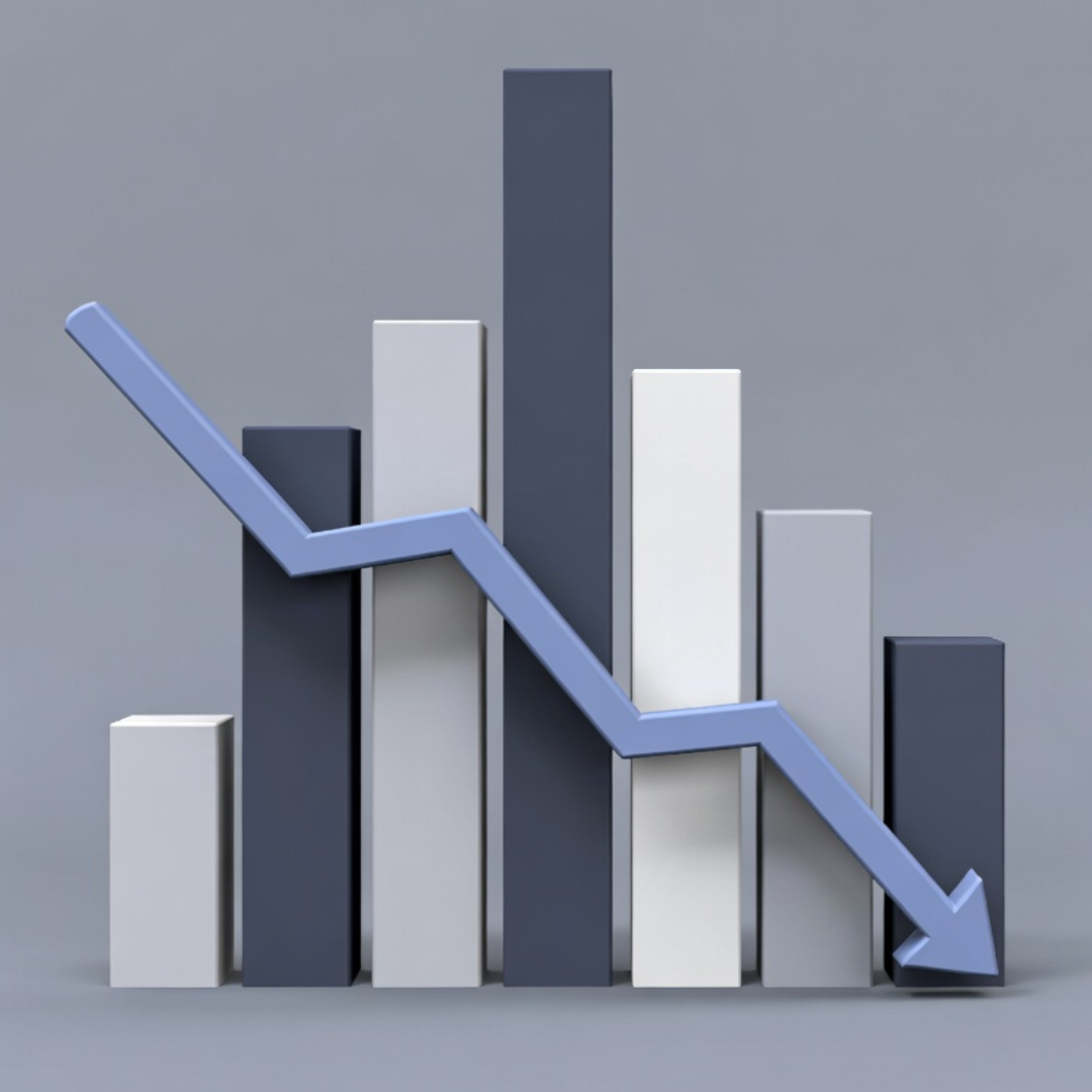 Bar chart with a downward trending arrow