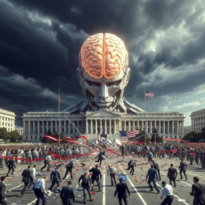 Dramatic scene of a massive robotic head with a glowing brain towering over a government building as a chaotic crowd gathers below under dark storm clouds