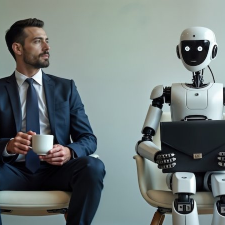 A businessman holding a coffee cup sits beside a humanoid robot carrying a briefcase, both seated in chairs against a plain background.