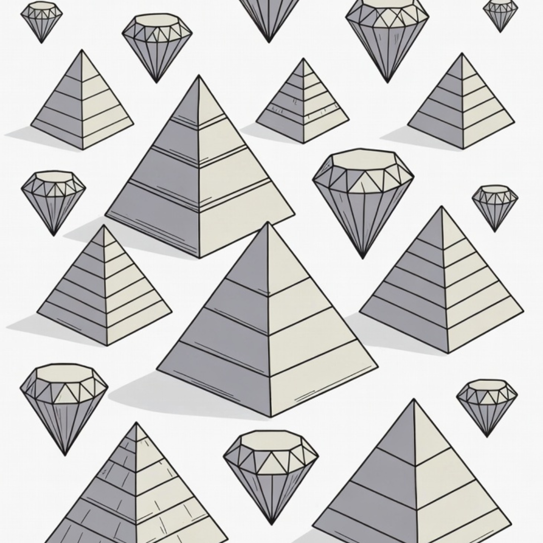 Illustration showing multiple pyramids and diamonds arranged in a pattern