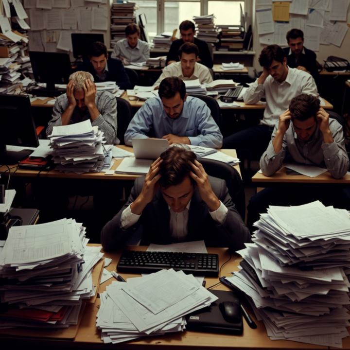 Overworked office employees surrounded by stacks of paperwork, looking stressed and overwhelmed,