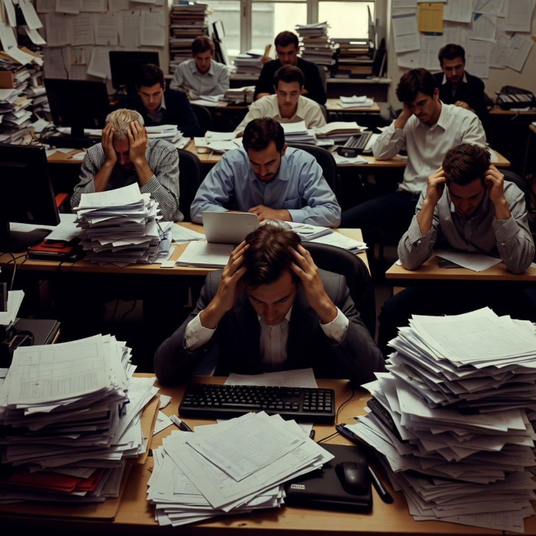 Overworked office employees surrounded by stacks of paperwork, looking stressed and overwhelmed,
