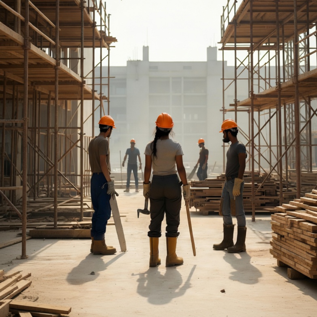 Group of young construction workers wearing hard hats and holding tools, standing at a building site