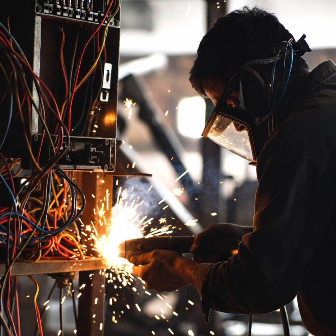 Skilled trades worker using a power tool on electrical wiring, with sparks flying