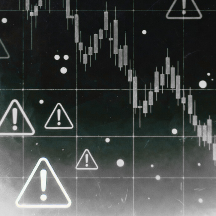 A dark chart with candlestick patterns trending downward, overlaid with multiple warning icons and alert symbols.