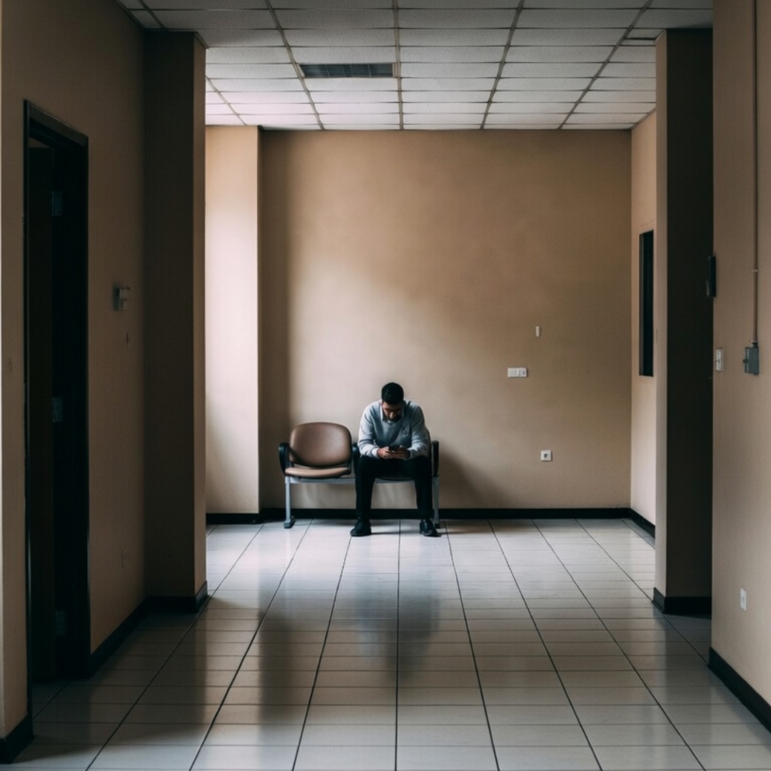 Man sitting alone in an empty waiting room, looking down at his phone