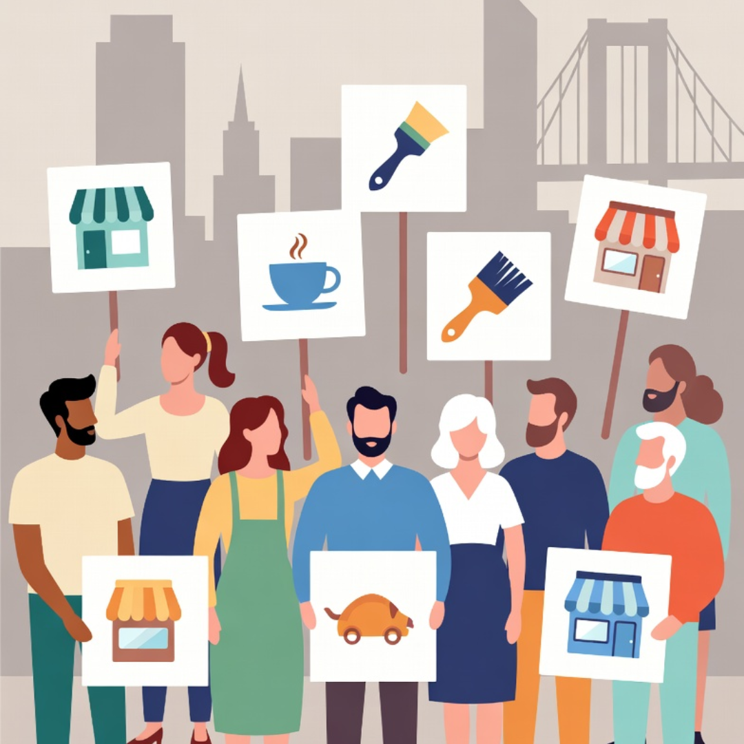 Group of small business owners holding signs with shop and service icons