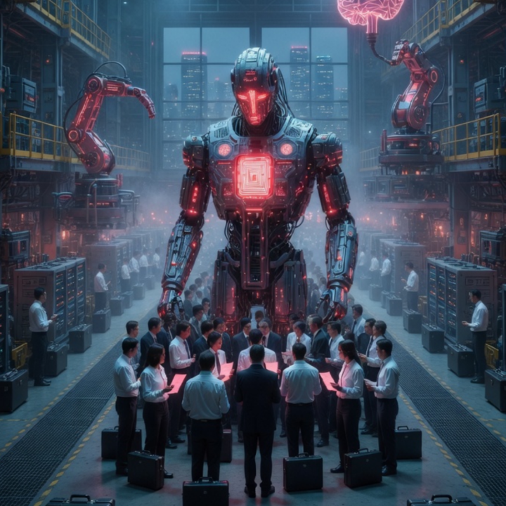 Large humanoid robot towering over a group of business professionals in a factory setting