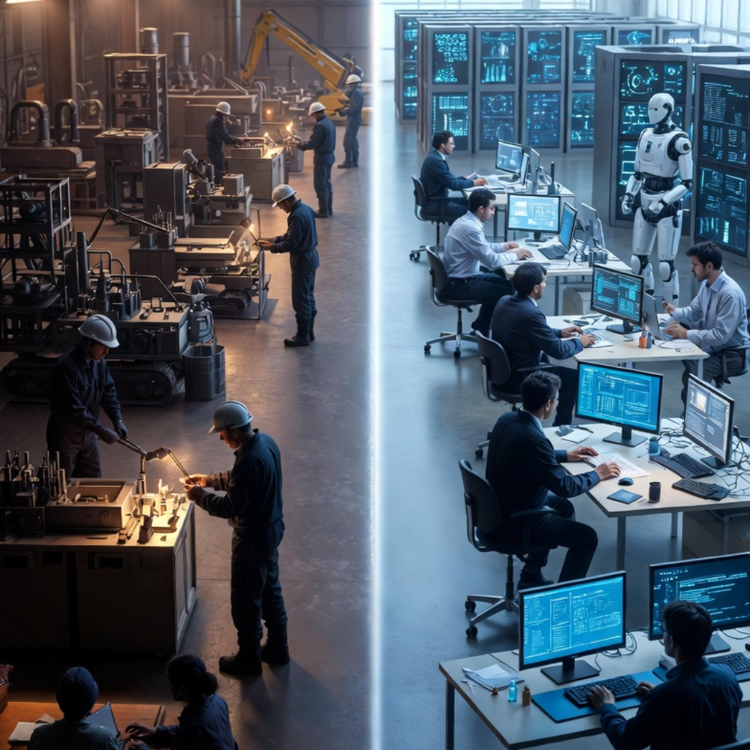Split image showing traditional factory workers performing manual labor on the left and modern office employees working with computers and AI systems on the right