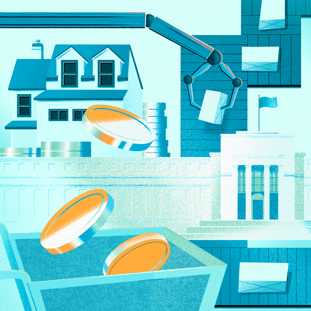 Illustration of coins dropping into a container beside a house, factory, and government building, with a robotic arm in the background