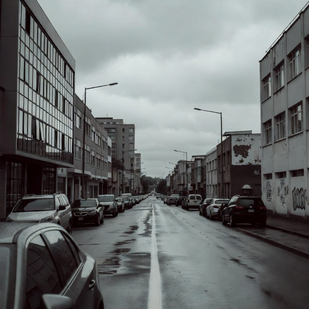 Empty urban street lined with industrial buildings under a gray, overcast sky