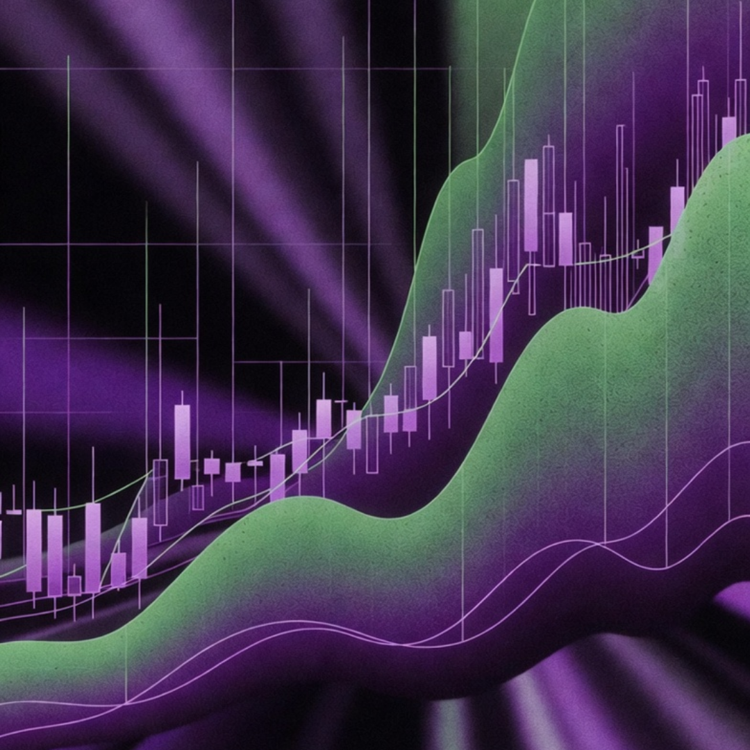 Abstract financial chart with purple candlestick graph trending upward alongside green waves