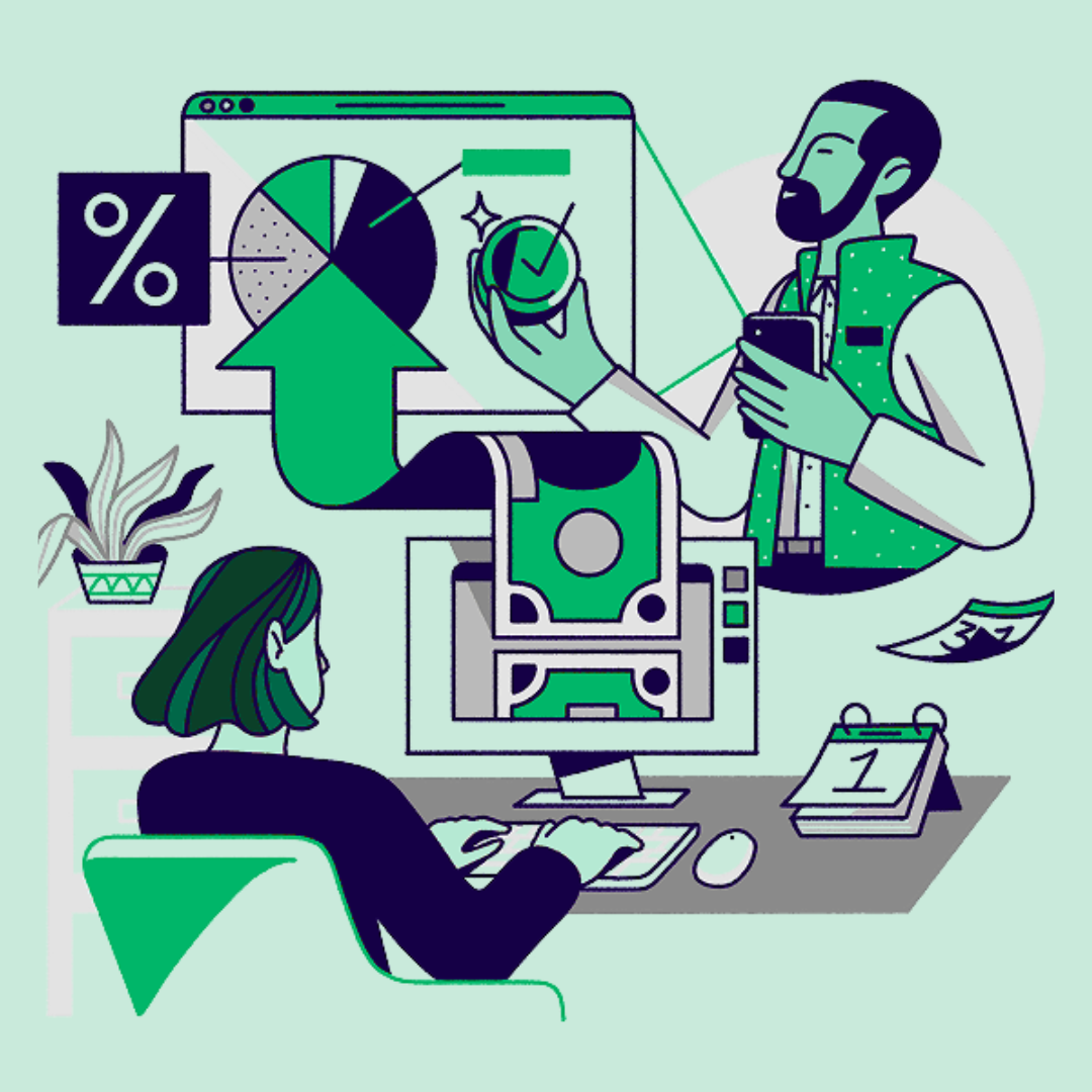Illustration of a small business worker at a computer analyzing financial charts with upward trends, percentages