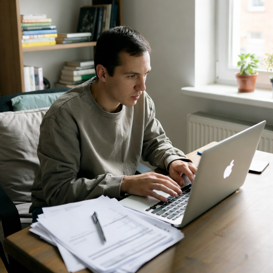 Young adult male sitting at a desk at home, focused on a laptop with papers spread out nearby