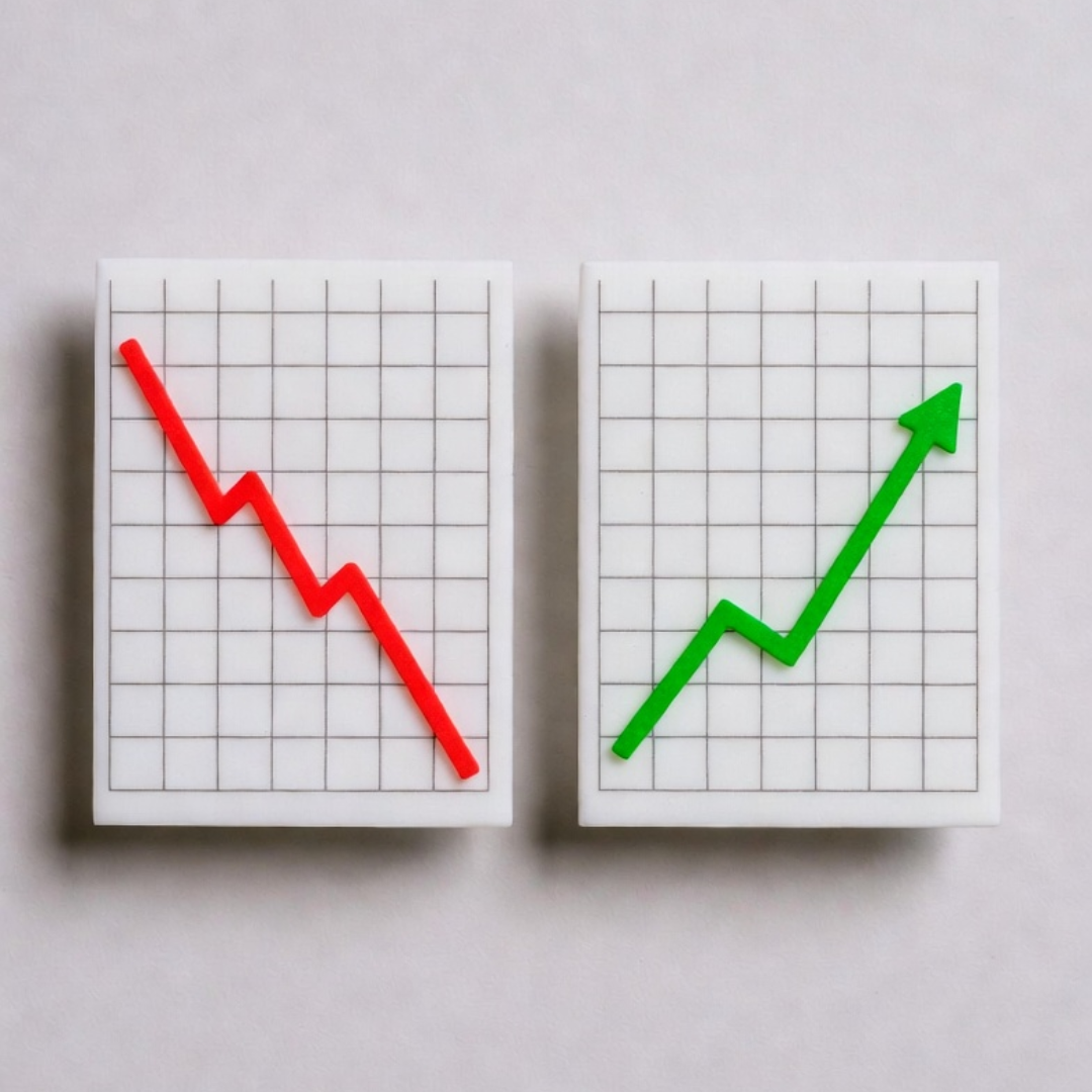 Side-by-side charts showing a red downward trend line and a green upward trend line