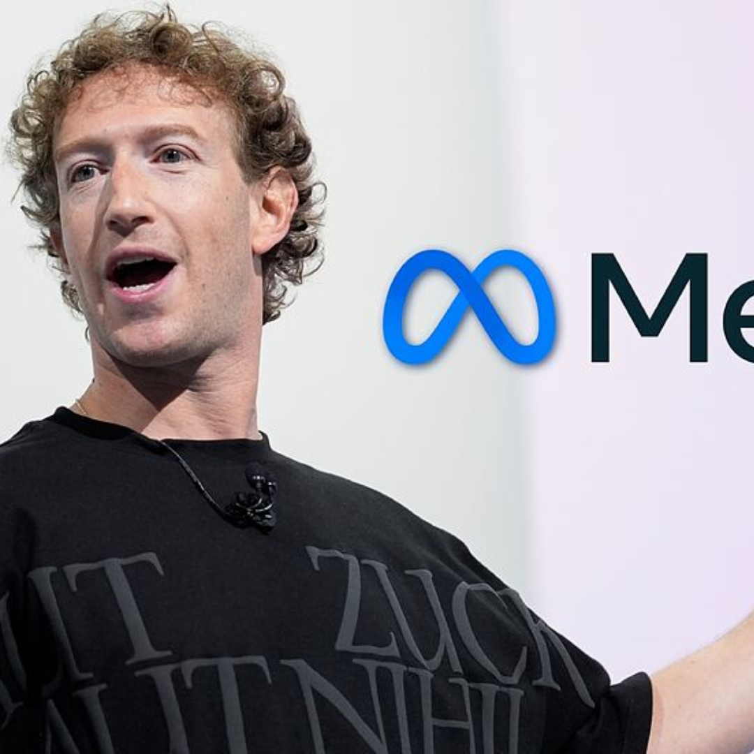 Mark Zuckerberg speaking at an event with the Meta logo displayed in the background