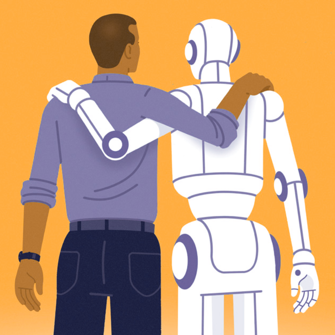 Illustration of a person with a robotic arm around their shoulders