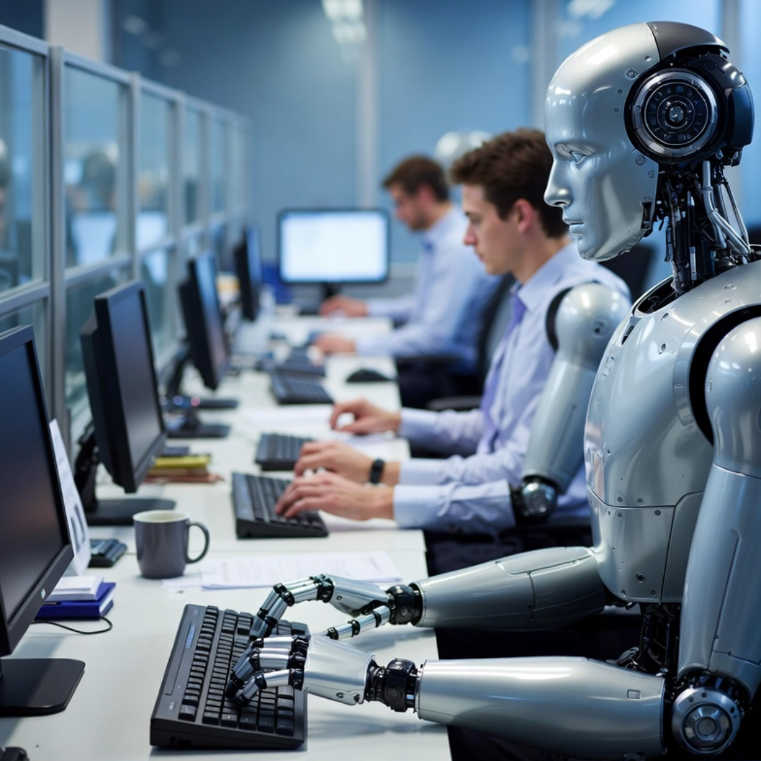 Humanoid robot working at a computer alongside human employees in an office
