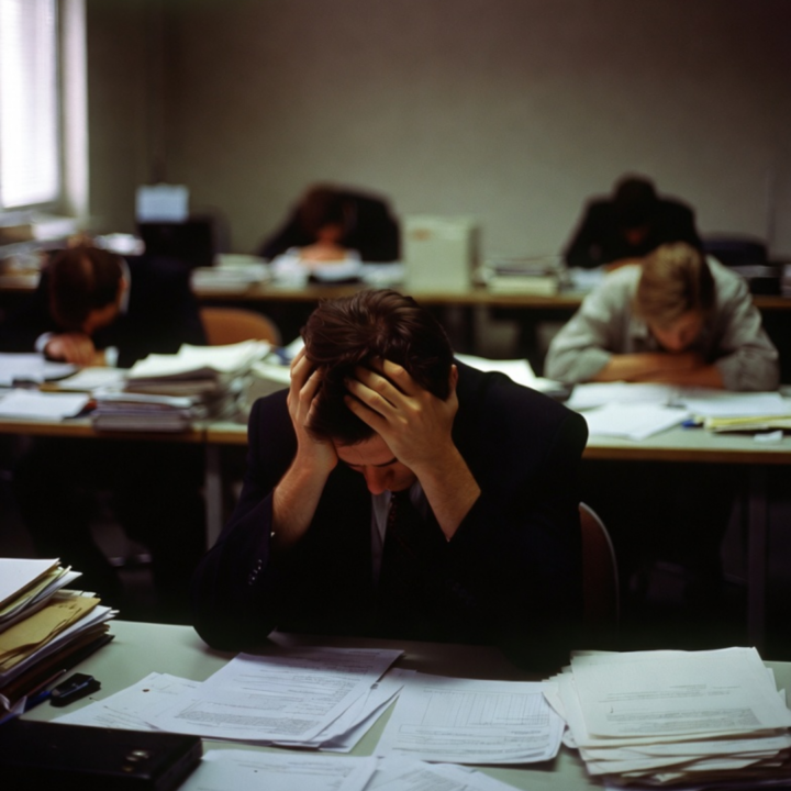 Stressed office workers sitting at desks surrounded by paperwork