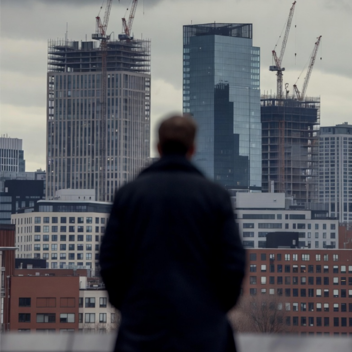 A blurred figure in a dark coat looks out over a city skyline filled with high-rise buildings and construction cranes under a cloudy gray sky