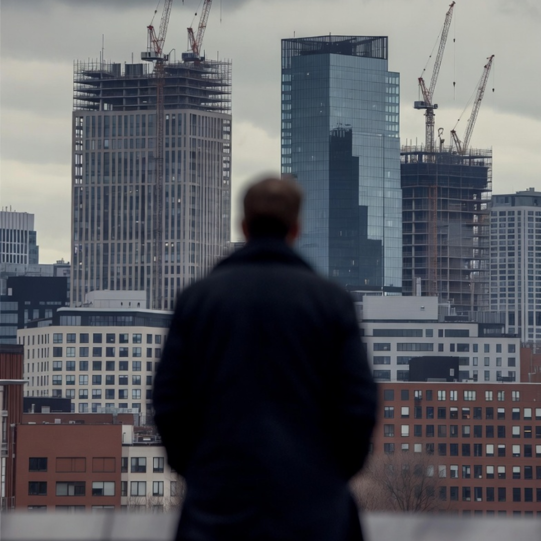 A blurred figure in a dark coat looks out over a city skyline filled with high-rise buildings and construction cranes under a cloudy gray sky