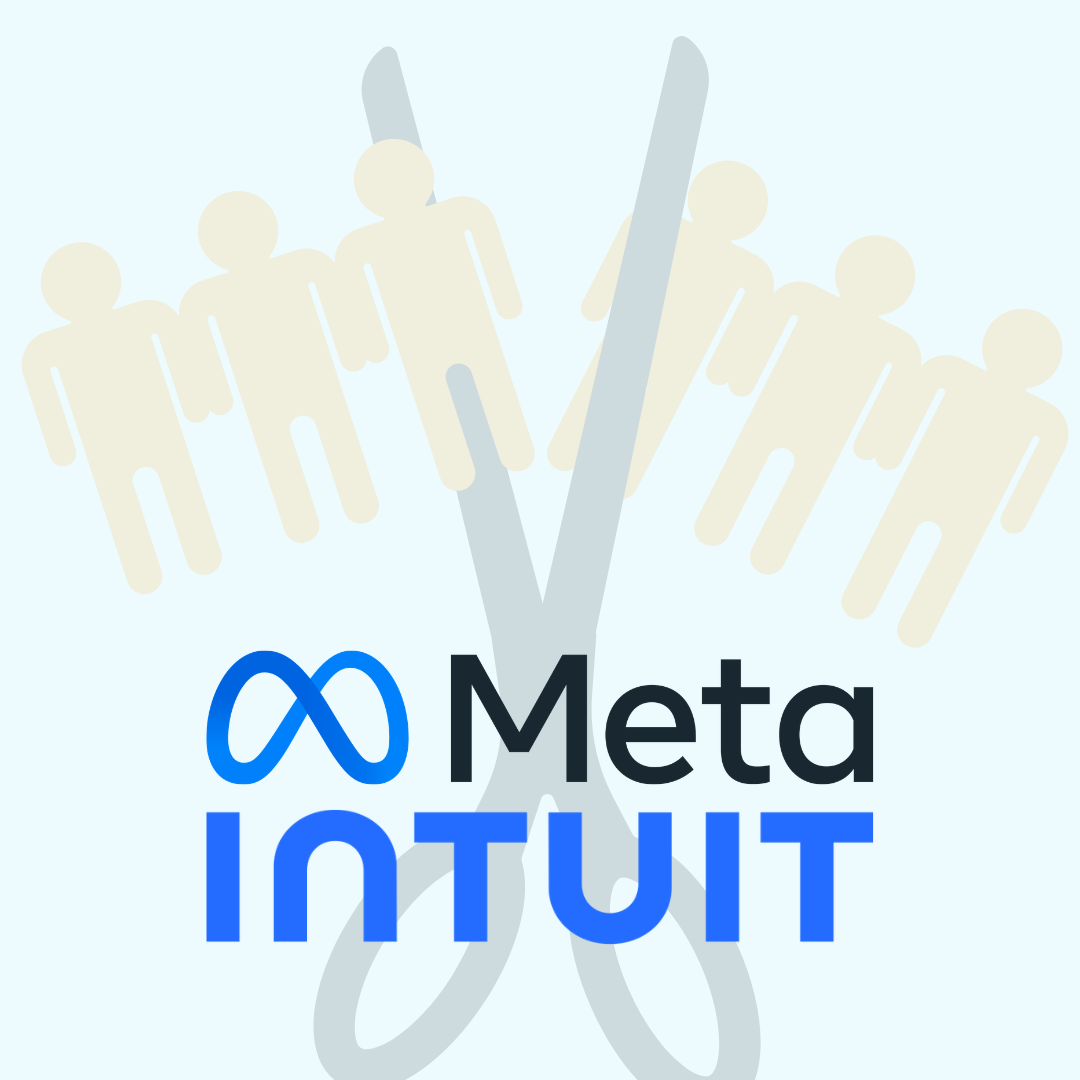 Graphic showing Meta and Intuit logos beneath a pair of scissors cutting between groups of people