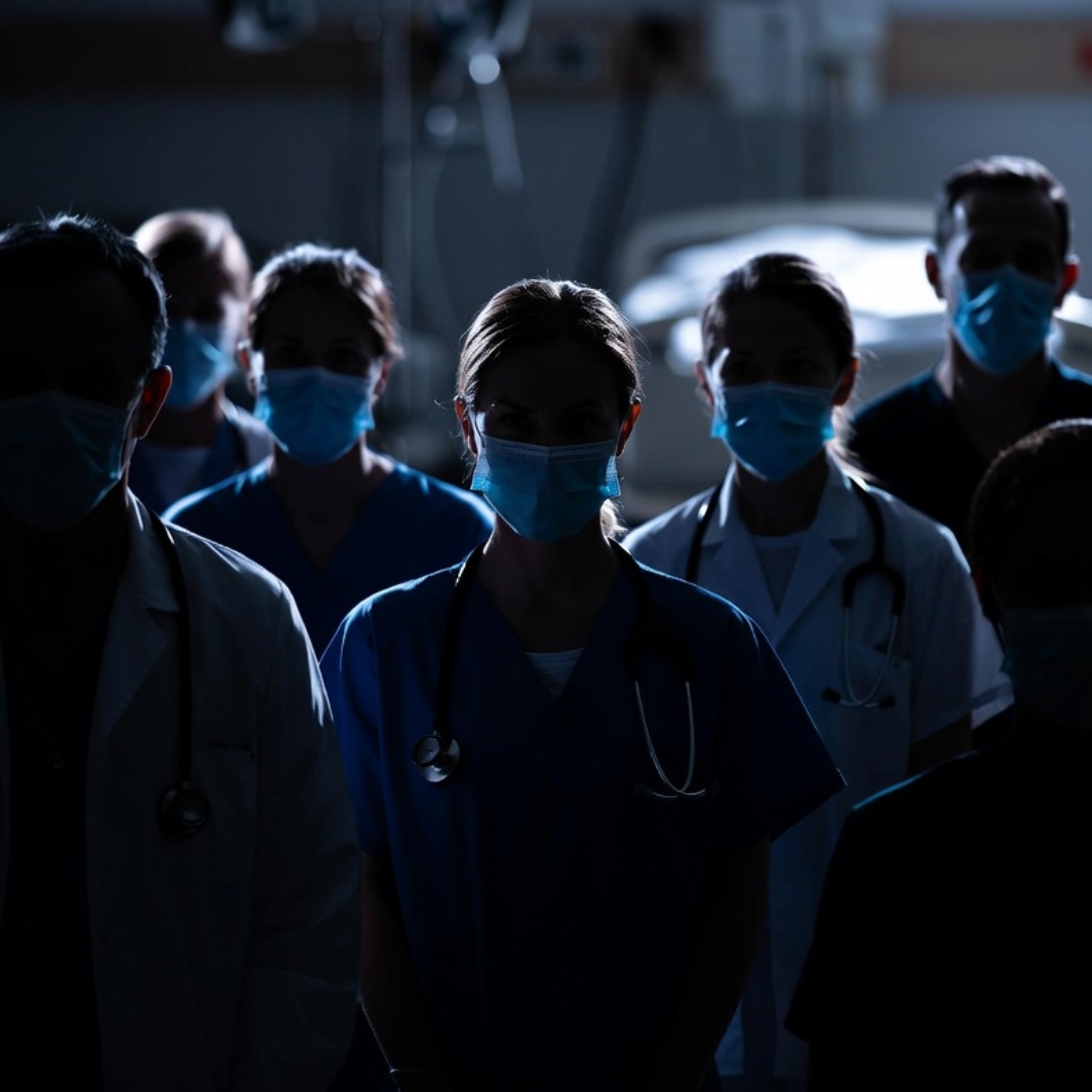 A group of healthcare workers wearing scrubs, lab coats, and face masks stand in a dimly lit hospital room
