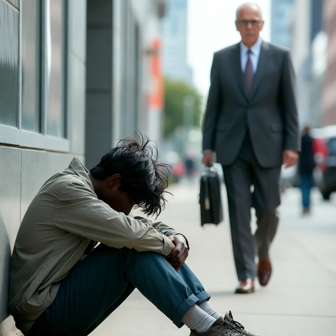 Young man sitting alone on a city sidewalk with his head down while an older businessman walks past