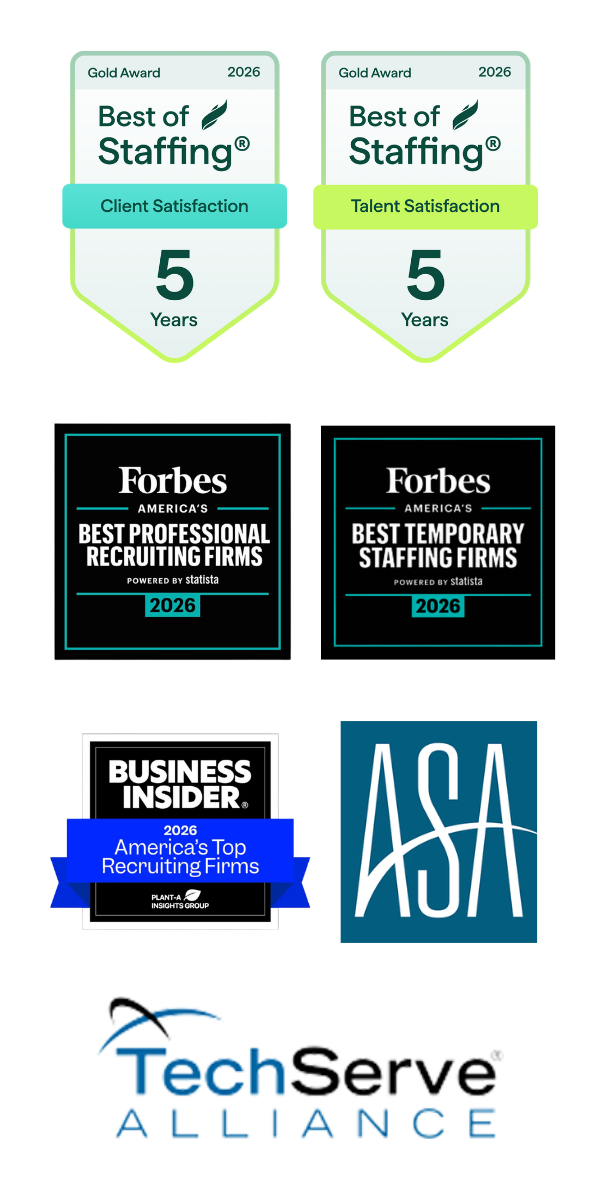 Bar of awards 4 Corner Resources has received featuring ClearlyRated's 2026 Best of Staffing Gold Award badges for Client Satisfaction and Talent Satisfaction, Forbes' America's Best Professional Recruiting Firms and America's Best Temp Staffing Firms for 2026 badges, Business Insider's 2026 America’s Top Recruiting Firms badge, and ASA and TechServe Alliance's logos