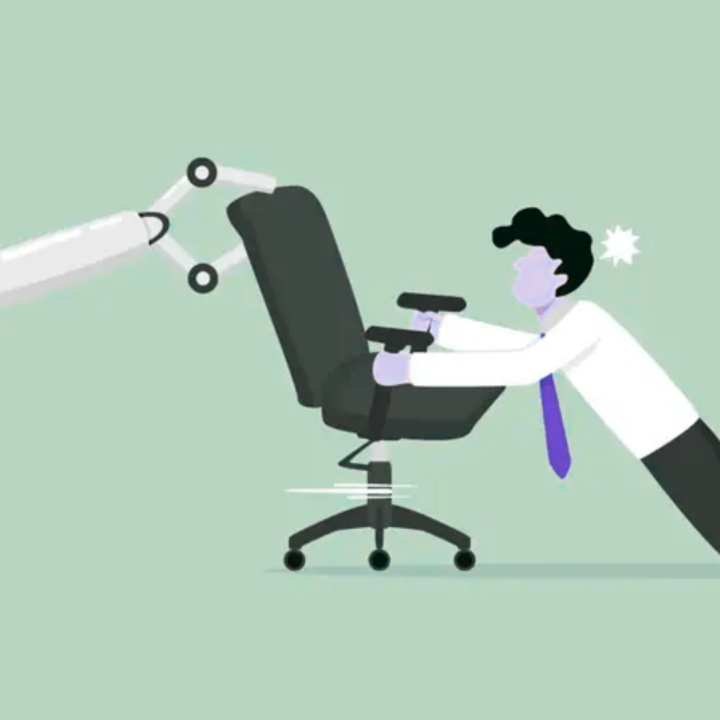 Flat illustration of a robotic arm taking over an office chair while a businessman is pushed out of his seat, symbolizing AI and automation replacing human jobs