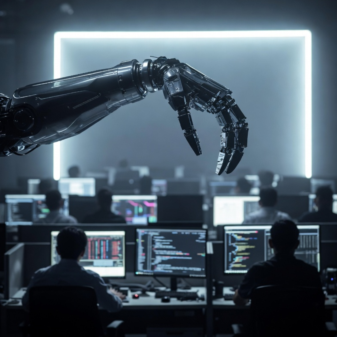Large robotic hand reaching over an office filled with employees working at computer stations