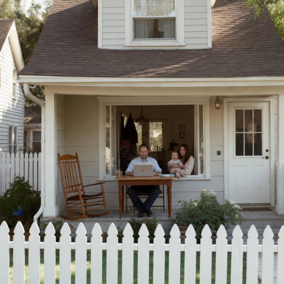 Man working on a laptop at a table on a home front porch while a woman holds a baby nearby, with a white picket fence in the foreground