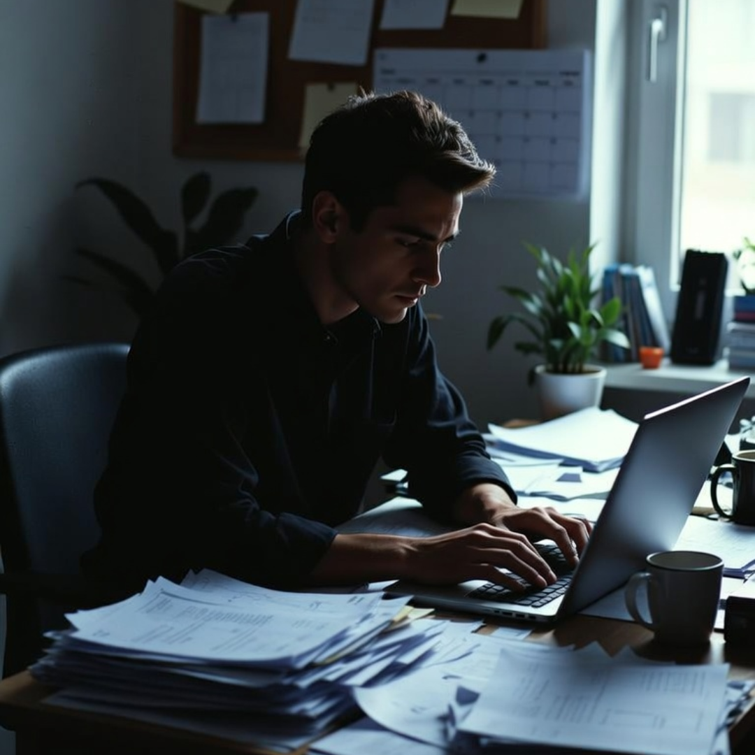 Man working at a cluttered office desk with a laptop surrounded by stacks of paperwork