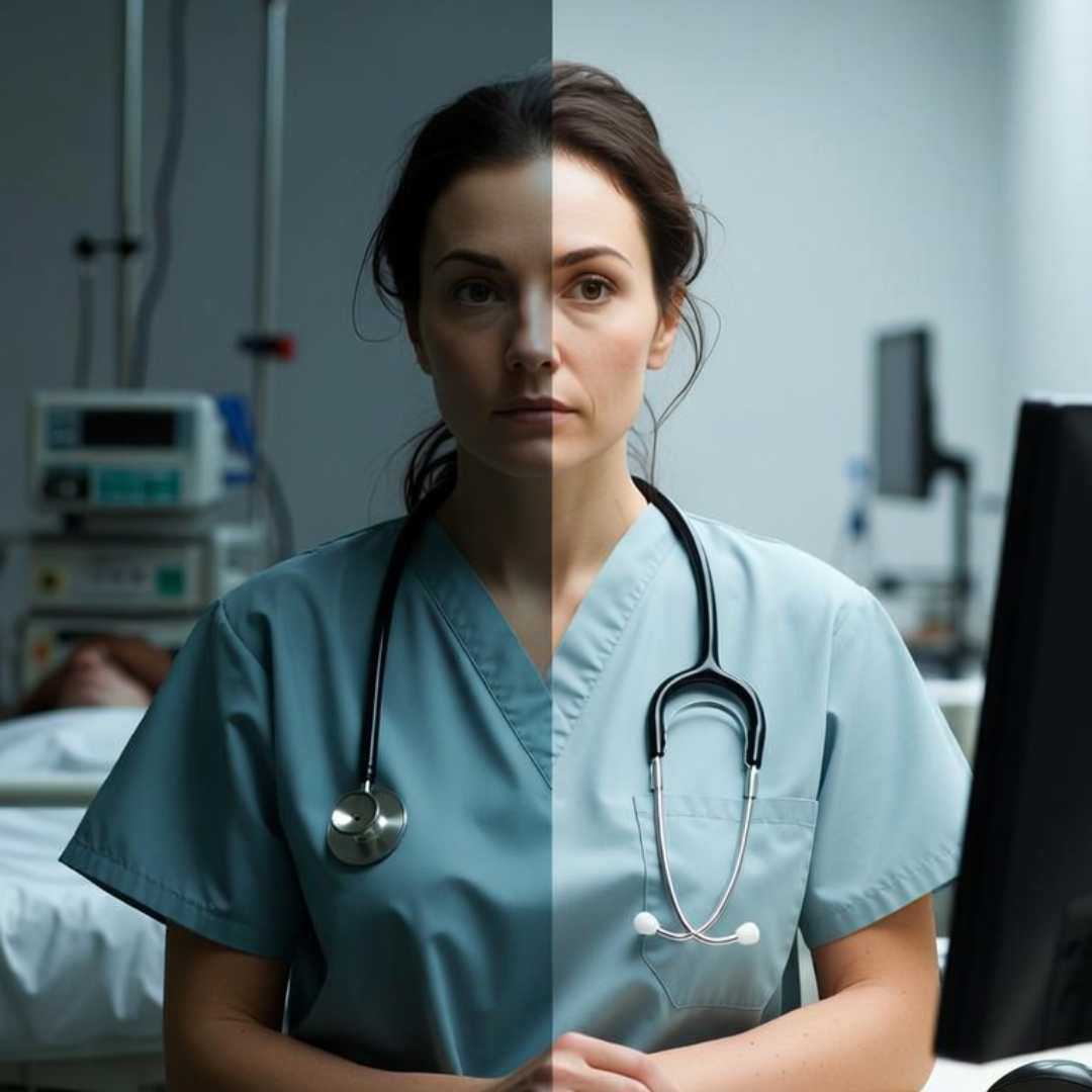 Nursing assistant in scrubs with a stethoscope shown in a split image, one side a hospital room and the other an office, illustrating the demands of working two jobs