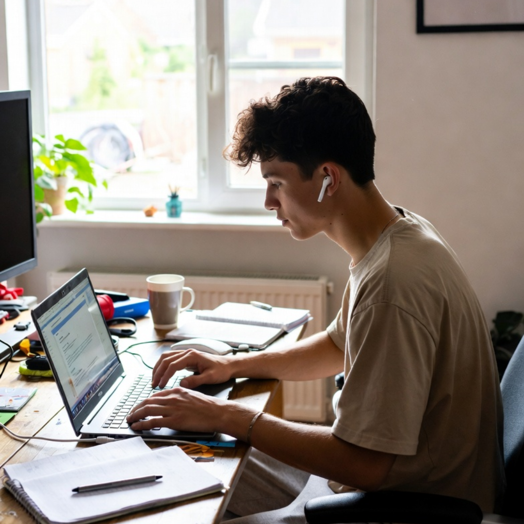 Young man working on a laptop at a home desk, representing youth unemployment trends in the job market