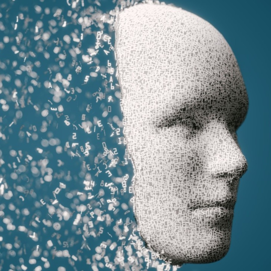 3D digital human face composed of data characters and numbers dissolving into floating particles against a blue background