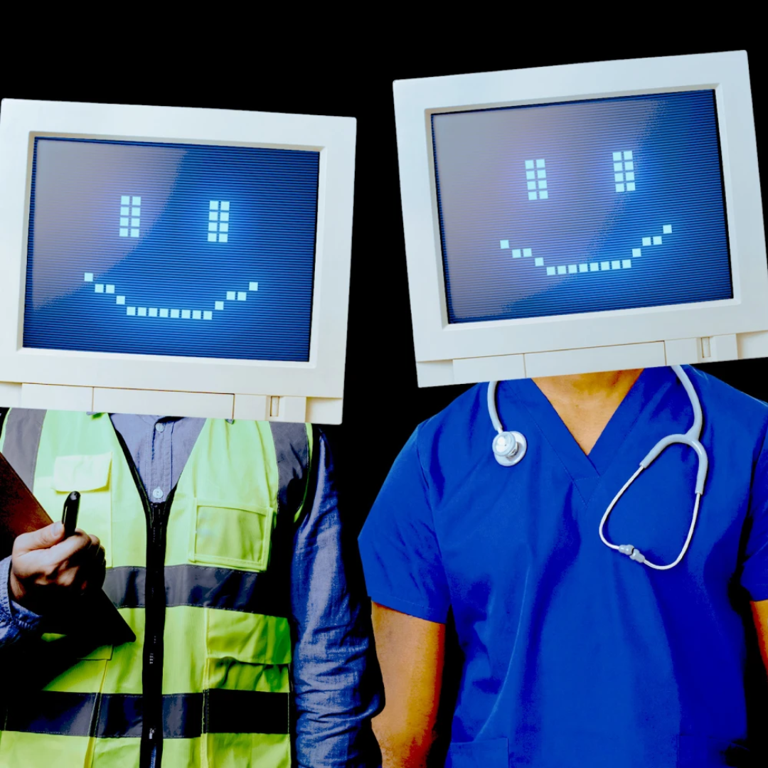 Two workers in a safety vest and medical scrubs with retro computer monitors displaying smiley faces in place of their heads