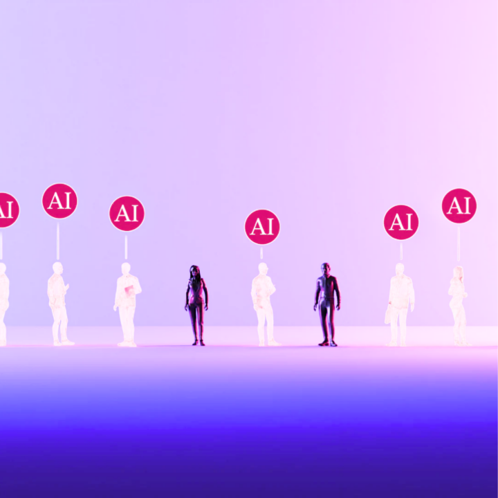 Miniature human figurines holding red AI signs against a purple gradient background