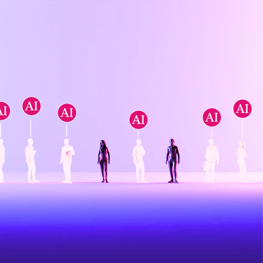 Miniature human figurines holding red AI signs against a purple gradient background