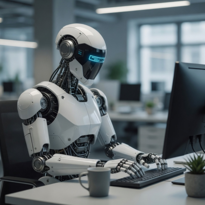 Humanoid robot sitting at an office desk typing on a keyboard in front of a computer monitor