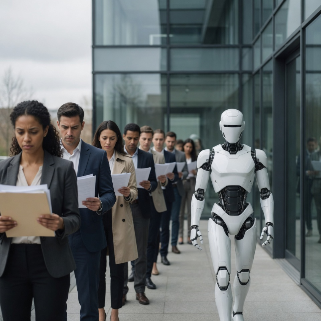 A humanoid robot walking past a line of business professionals holding resumes outside an office building, illustrating AI in the workforce