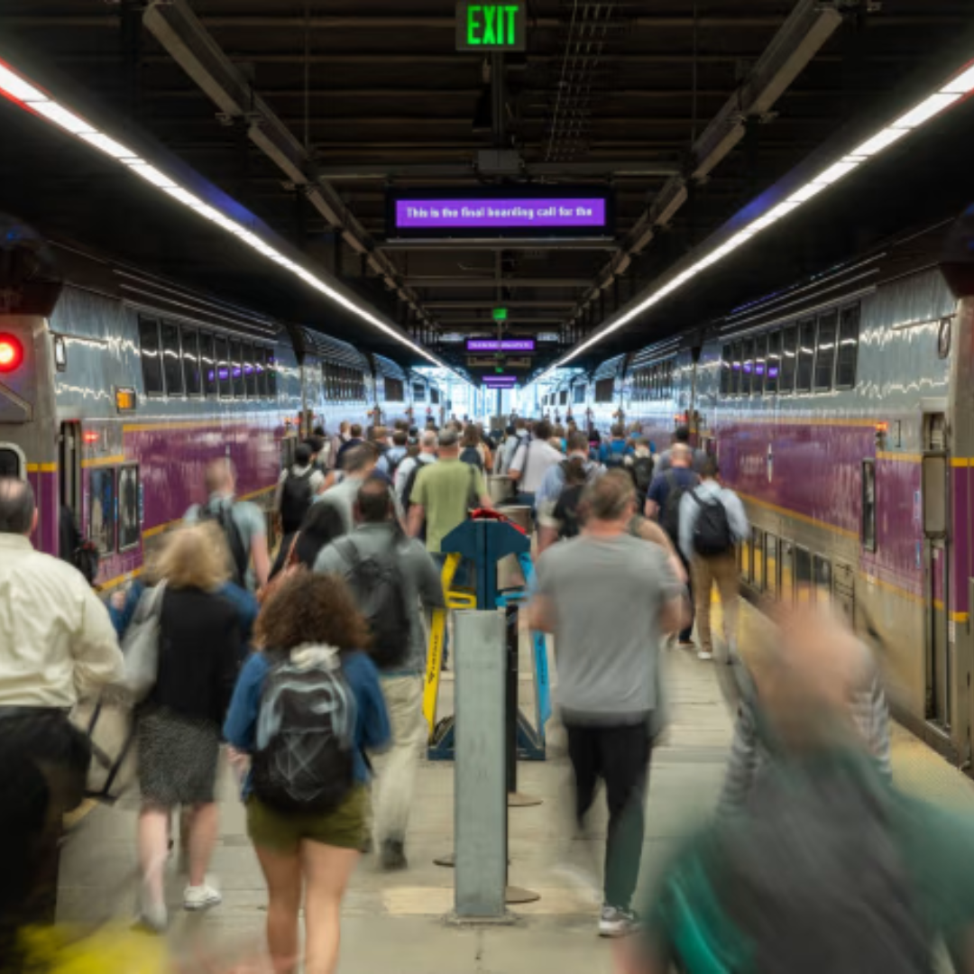 Crowd of commuters walking along a busy train station platform between two purple commuter rail trains
