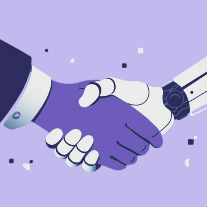 Illustration of a human hand in a business suit shaking hands with a robotic hand, symbolizing human-AI collaboration